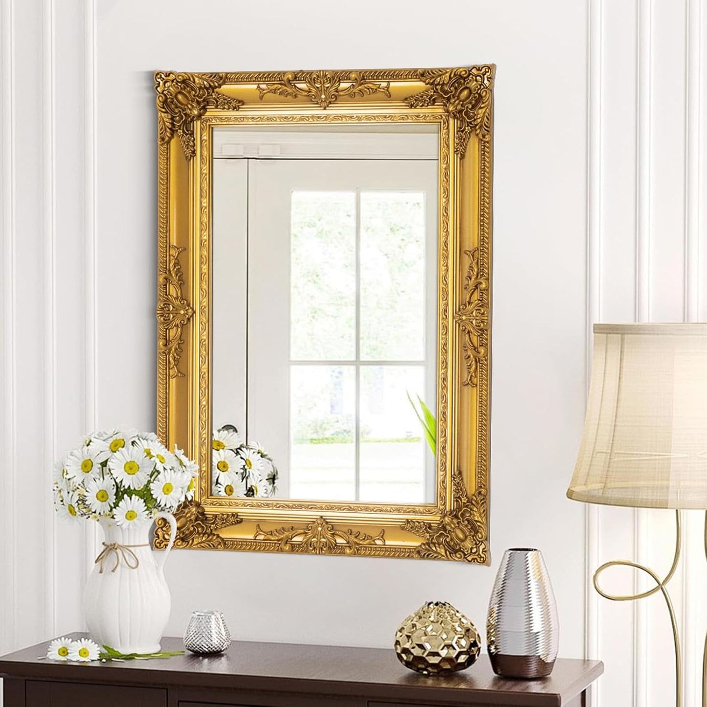 Antique Gold Mirror for Wall Decor, 28" x 20" Gold Vintage Baroque Mirrors with Ornate Frame, Traditional Antique Living Room Mirror, Horizontal/Vertical