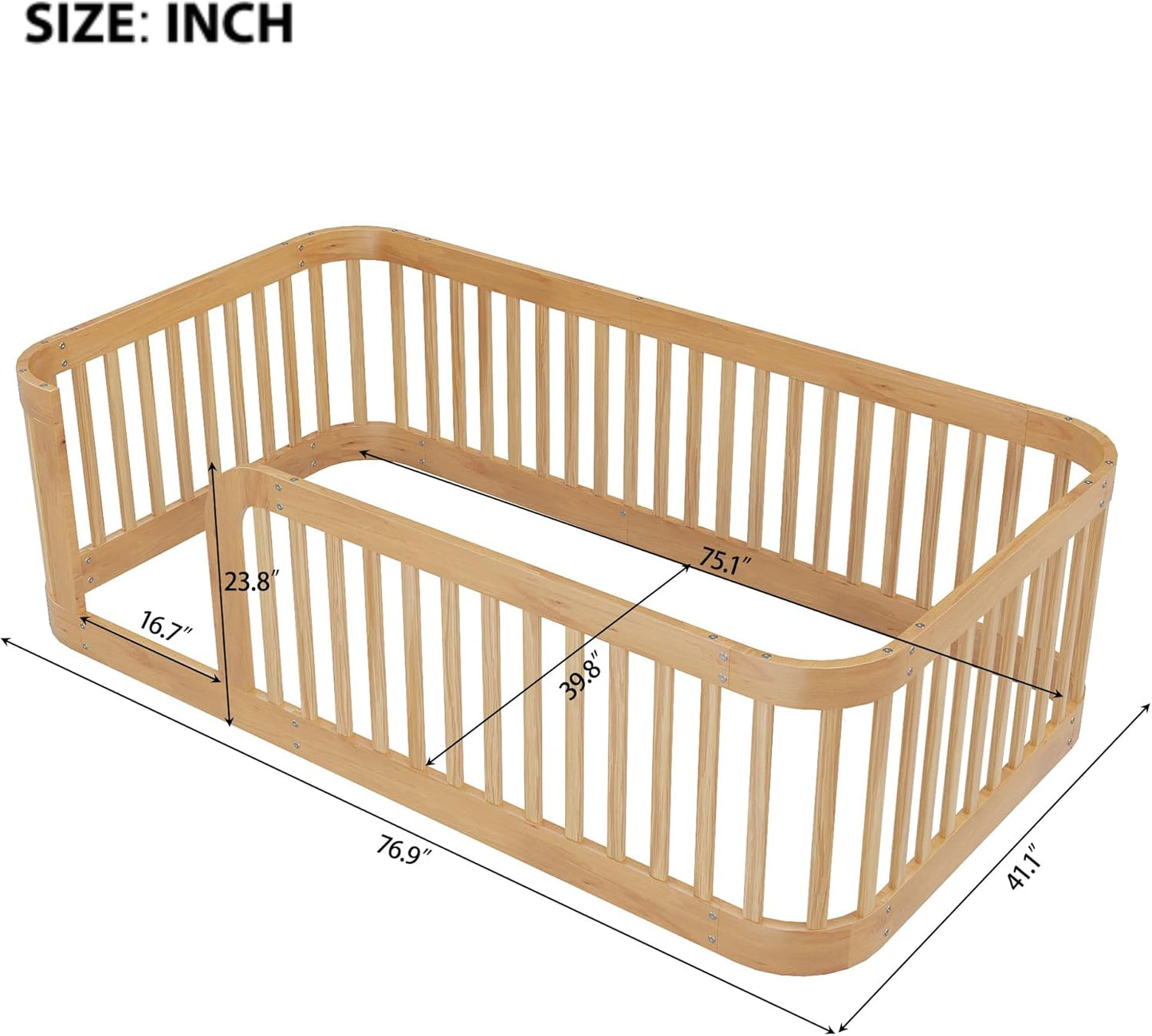 Bellemave Twin Floor Bed with High Fence and Rounded Corner Design, Wood Montessori Floor Bed with Guardrail and Entrance, Easy Assemble Montessori Bed Twin Size, Natural
