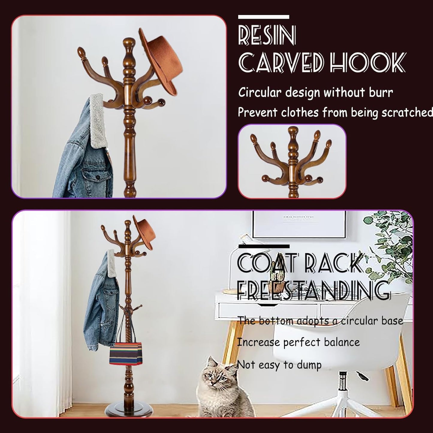 73 in Wood Coat Rack, Coat Rack Freestanding with Stable Round Base, Adjustable Height Tree Coat Racks Stand for Home Bedroom Office Hallway Entryway (Antique color)