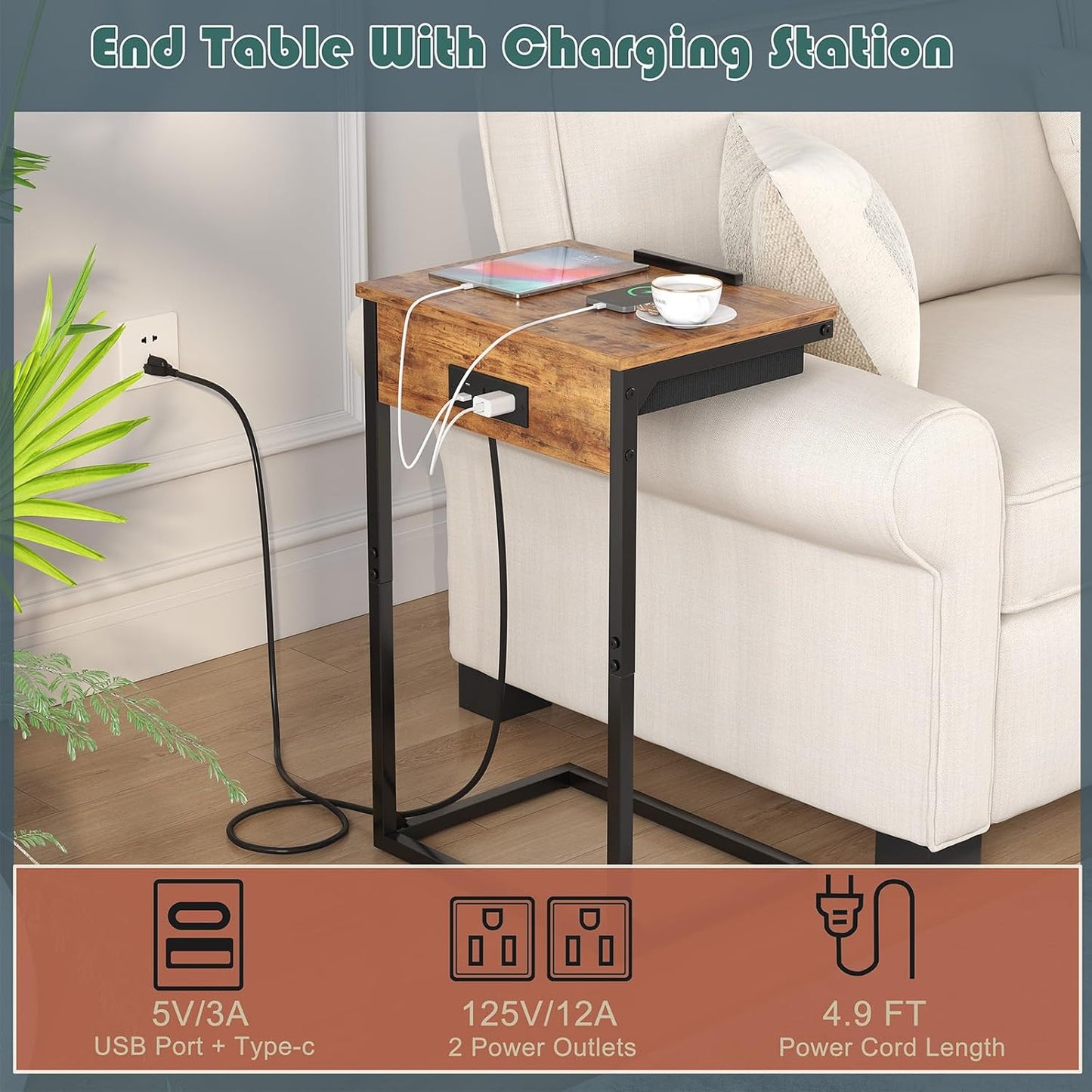 C Shaped End Table with Charging Station, 45° Tiltable Adjustable Flip Top Table with Storage,Small C Table for Small Spaces,Slide Under Couch Sofa Bedside Table for Living Room,Rustic Brown