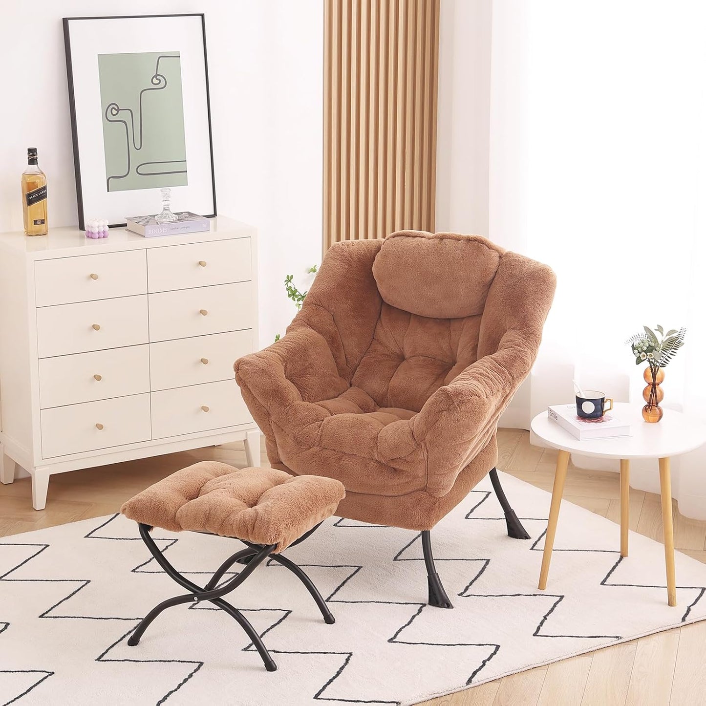 Lazy Chair with Folding Ottoman, Modern Accent Lounge Armchair with Armrests and a Side Pocket & Foldable Footstool, Leisure Reading Chair for Living Room, Bedroom, Dorm & Office, Plush Brown