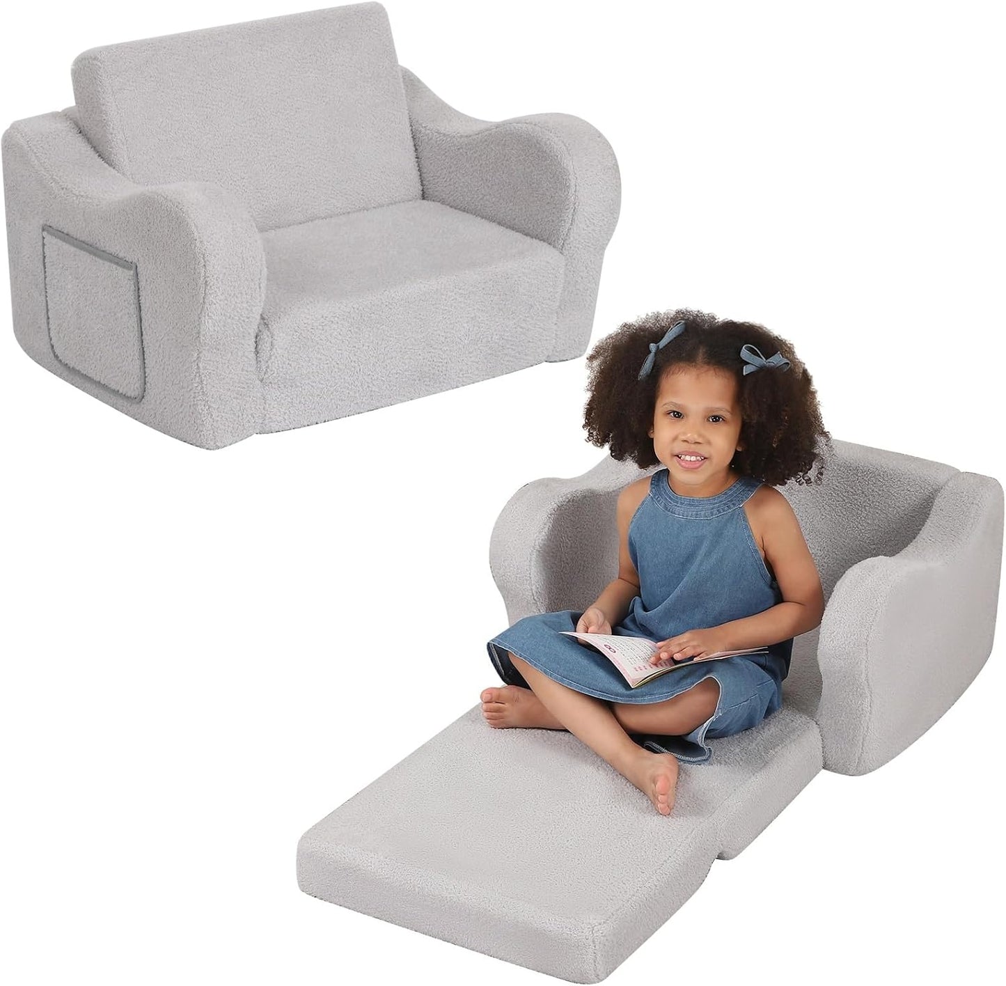 Comfy Toddler Chair, 2-in-1 Toddler Couch Fold Out, Convertible Sherpa Sofa to Lounger for Boys & Girls, Grey