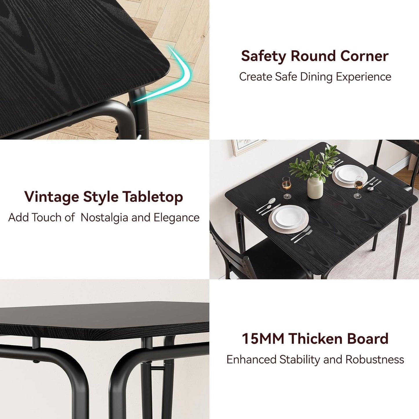 Dining Table Set for 2, Space-Saving Square 3-Piece Dinette with 2 Chairs, Modern Kitchen Furniture for Small Spaces & Apartments