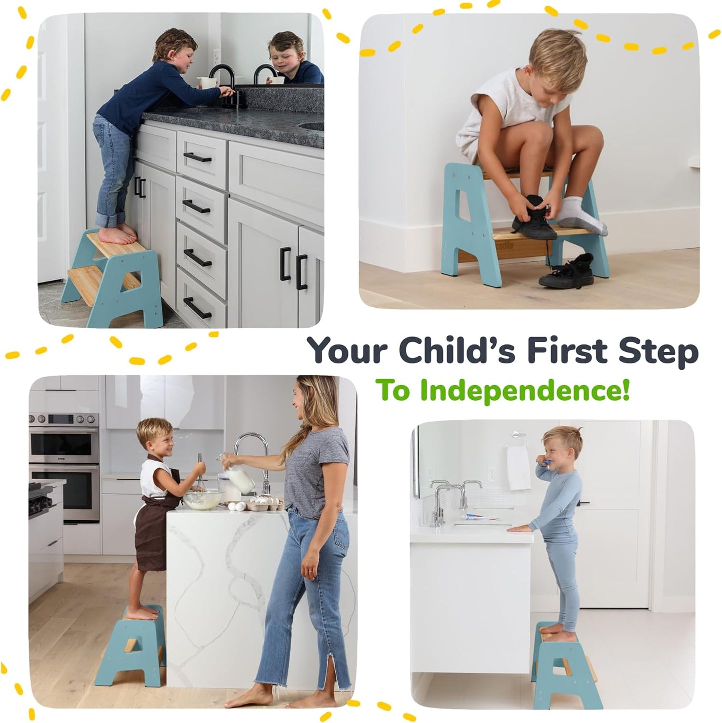 2-Step Wooden Step Stool for Toddlers | Kids Stool for Bathroom Sink & Kitchen Use | Non-Slip Step | Wooden Stool for Children Ages 2+ Years Blue
