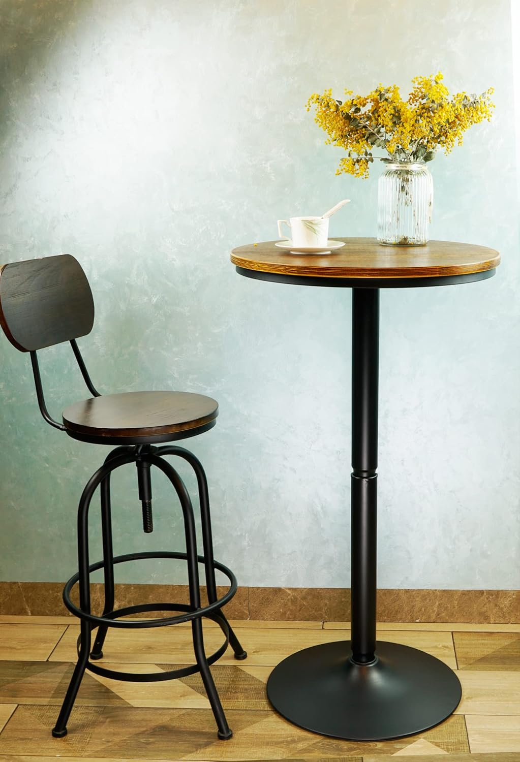 Round Bar Height Bistro Pub Table - Natural Wood Top, Heavy Metal Frame, 21.7 Inch Top, 40.5 Inch Height