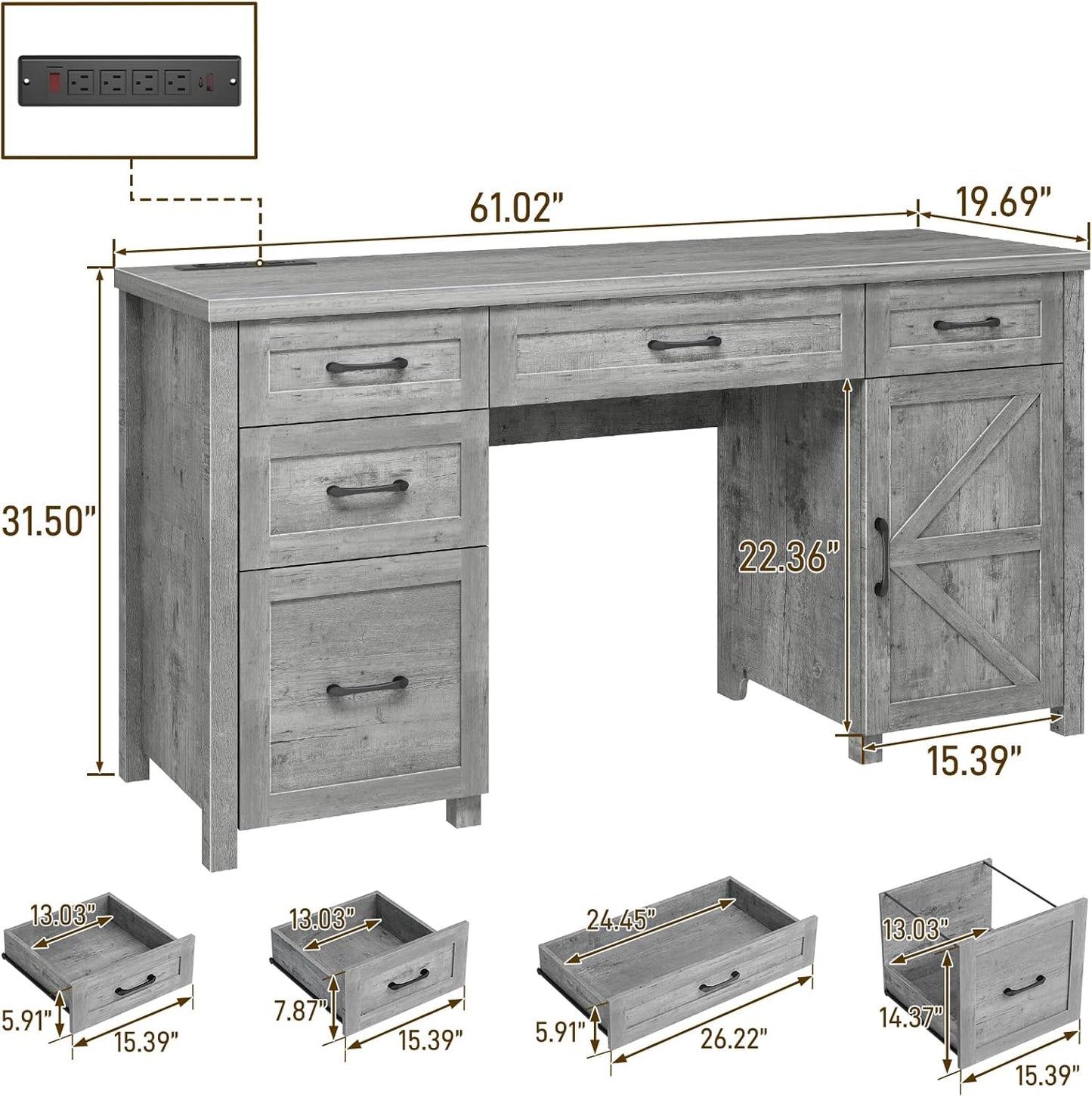 Farmhouse 61'' Executive Desk with 5 Drawers, Rustic Office Desk Computer Desk with Charging Station, File Drawers and Storage Cabinet, Wood Workstation for Study and Home Office,(Grey)