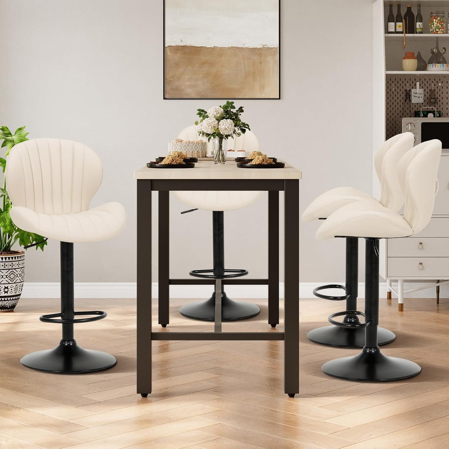 COLAMY Bar Stools Set of 2, Modern Swivel Bar Chairs, Adjustable Faux Leather Upholstered Barstools Counter Height with High Backrest for Bar, Kitchen Island, Dining Room, Beige