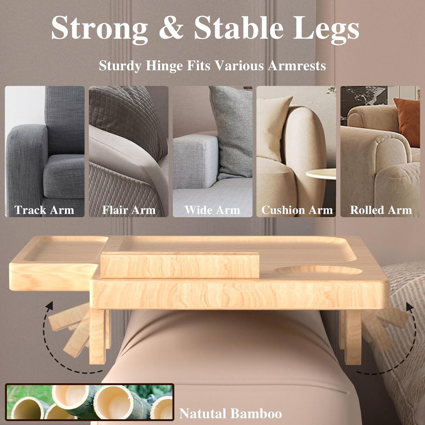 Bamboo Couch Arm Table with Remote Control Tray & Rotating Phone Holder,Non-Slip Clip Fits Sctional Sofa and Pillow,Foldable Armrest Tray Table for Couch,Durable Sofa Arm Table for Drinks and Dining