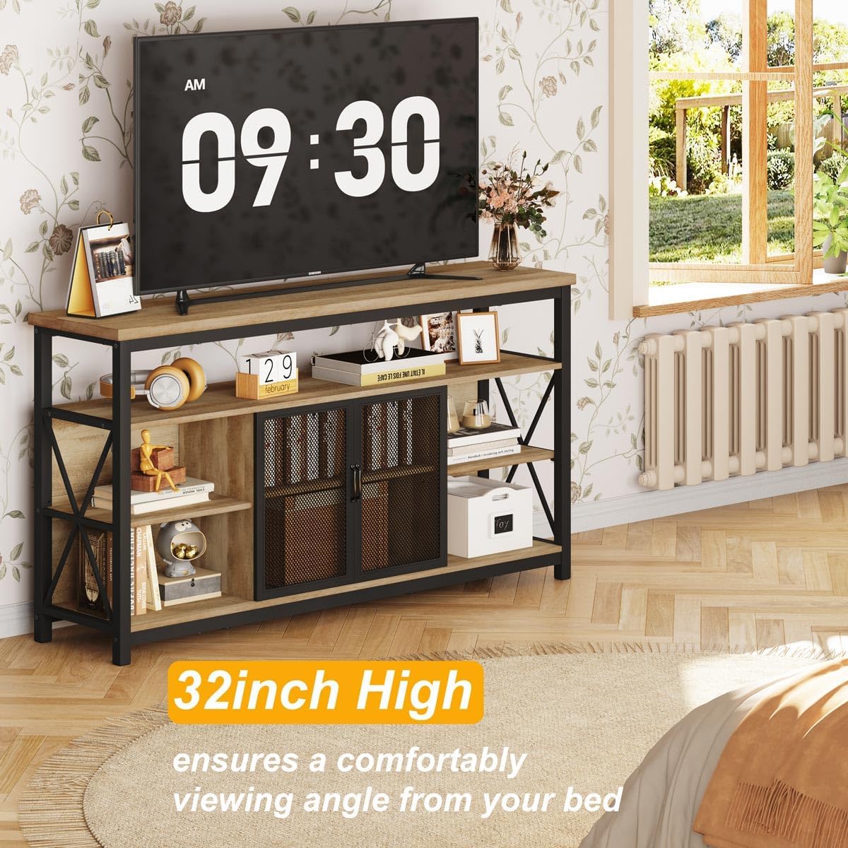 BON AUGURE Tall TV Stand for 65 55 Inch TVs, Industrial Entertainment Center with Storage Cabinet, Wood Farmhouse TV Media Console for Living Room and Bedroom (32 Inch High, Vintage Oak)