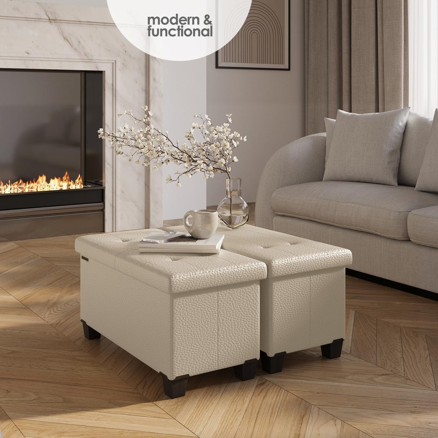 STORAGEBUD Storage Ottoman Bench with Bins, 30-in Storage Bench for Bedroom End of Bed, Folding Foot Rest Ottoman for Living Room Max 660lbs, Faux Leather Ottomans, Beige