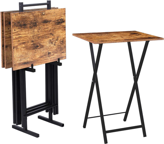 HOOBRO Folding TV Tray Tables, Set of 4 TV Trays with Storage Rack, Industrial Side Table for Eating at Couch, Foldable Snack Table for Small Space, Easy Assembly, Rustic Brown and Black BF50BZ01
