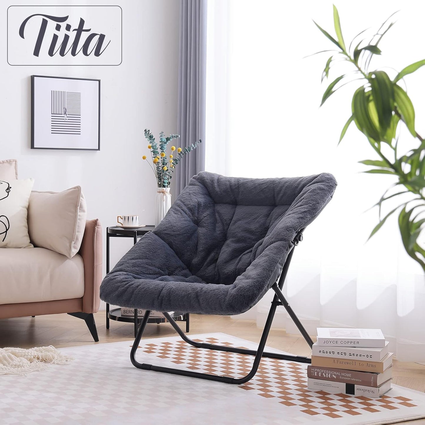 Tiita Comfy Folded Chair, Soft Faux Fur Oversized Folding Accent Chair, Lounge Lazy Chair for Kids Teens Adults, Metal Frame Moon Chair for Bedroom, Living Room, Dorm Rooms
