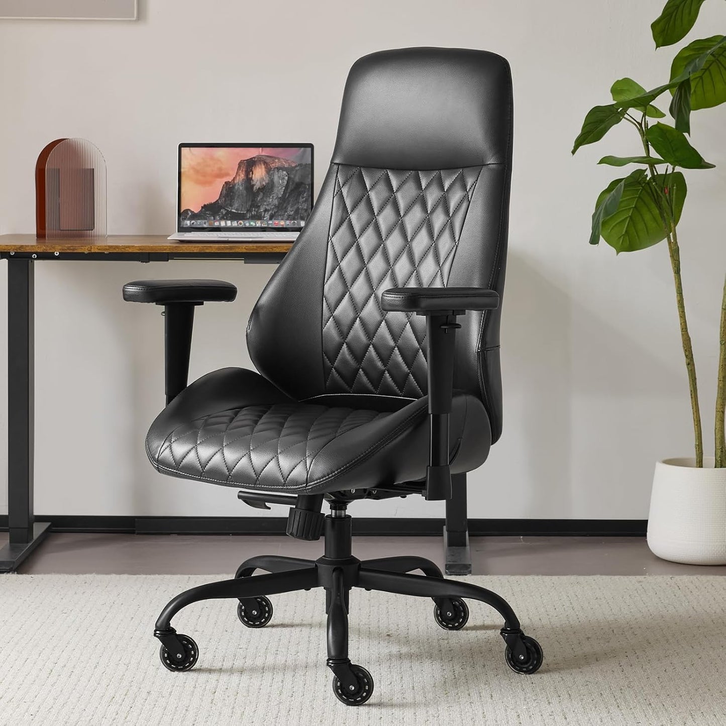 YFO Home Office Desk Chair High Back Office Rubber Chair Casters Ergonomic Computer Chair with Lumbar Support Adjustable Height Rolling Swivel Chair Executive Task Armrests, Black PU