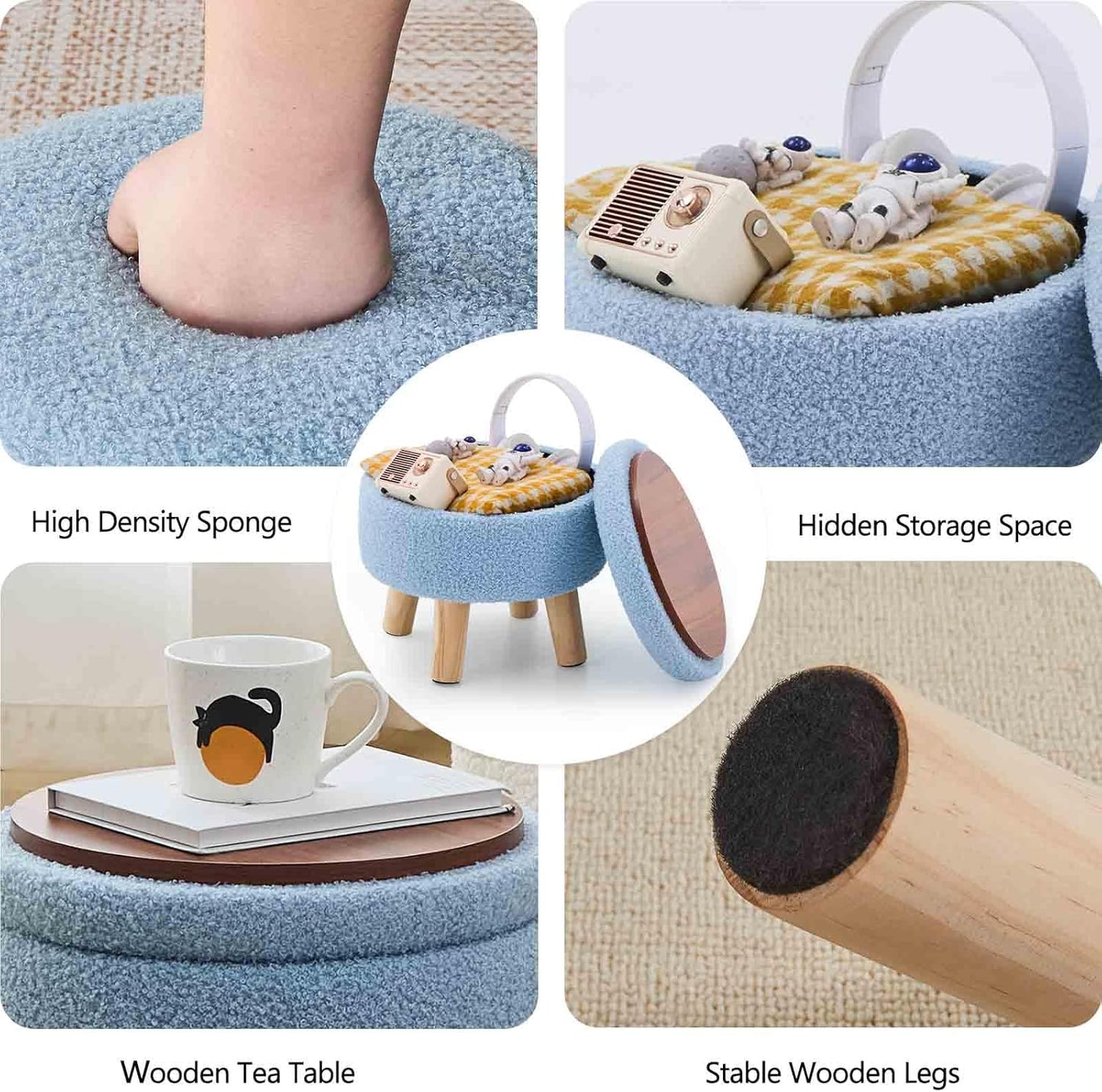 Wimarsbon Storage Ottoman, Modern Round Footrest with Soft Padded Seat, Teddy Velvet Footstool with Wood Legs, Accent Small Table or Plant Stand for Hallway, Living Room (Blue)