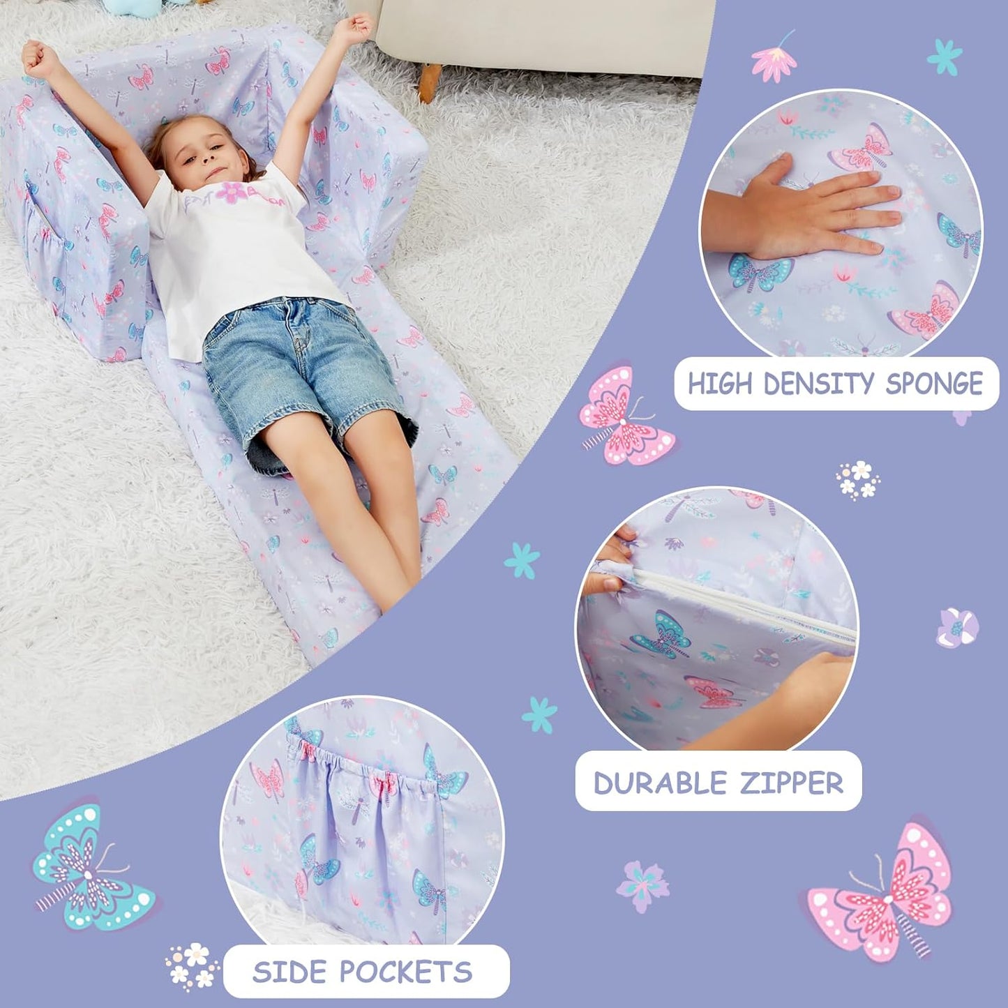 Viviland Kids Chairs for Toddler,2-in-1 Soft Toddler Couch Fold Out,Convertible Soft to Lounger Toddke Chair Comfy for Girls and Boys,Purple Butterfly