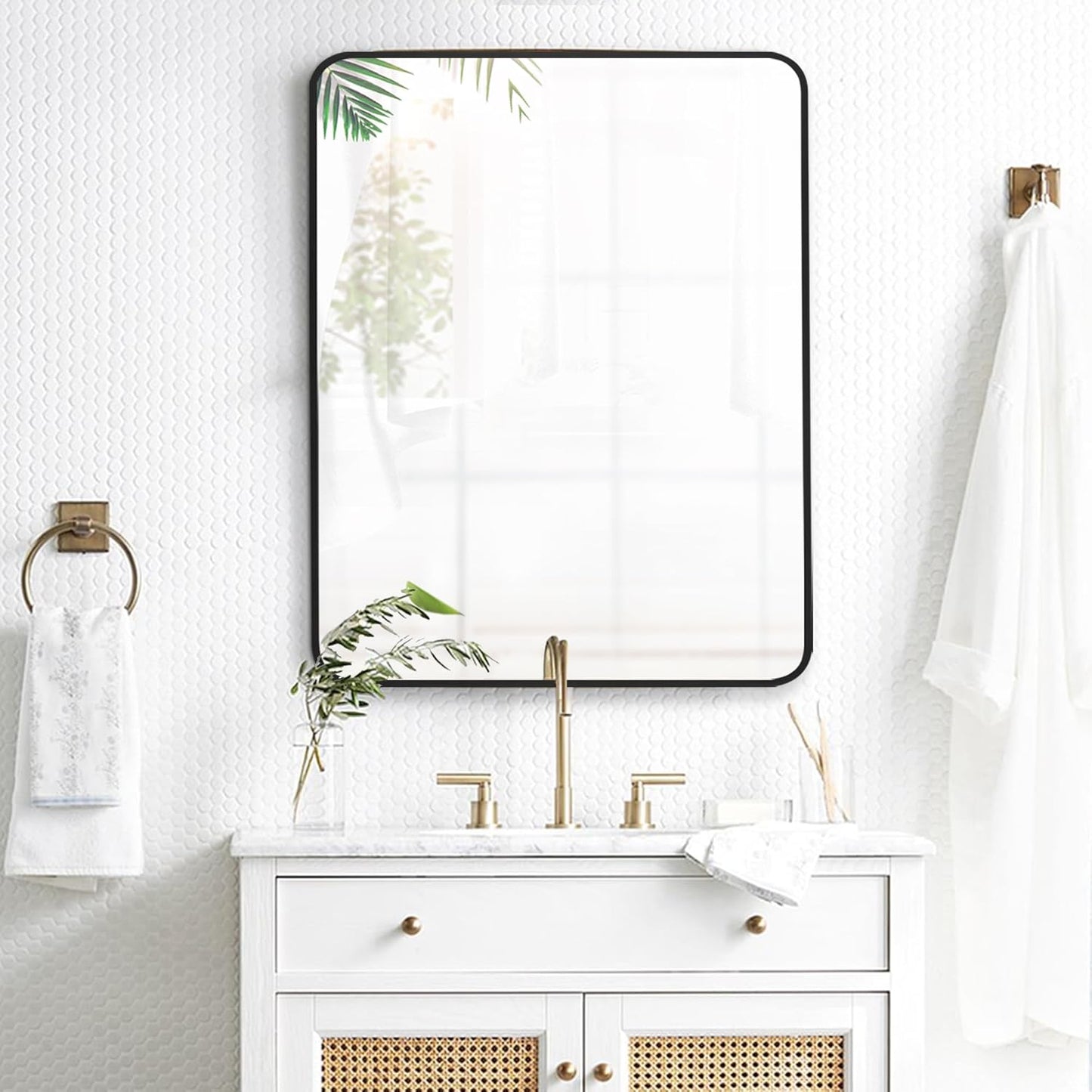 24x32 Inch Rectangle Bathroom Mirror with Black Metal Frame, Rounded Corner Rectangular Vanity Mirror for Wall, Modern Large for Bedroom, Living Room, Horizontal or Vertical