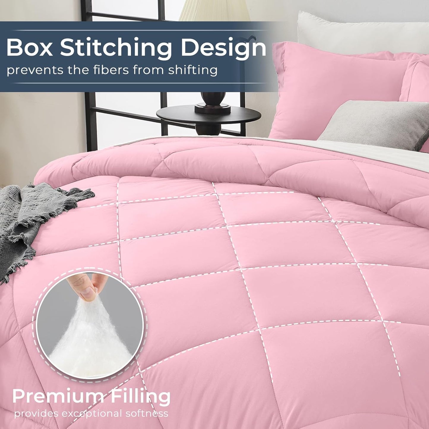 HEVUMYI Queen Comforter Set - 7-Piece All Season Bed in a Bag Queen, Ultra Soft Bedding Set with Comforter, Flat Sheet, Fitted Sheet, Pillowcases, Pillow Shams, Pink & Ivory