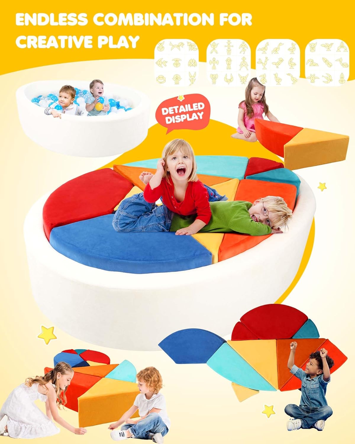 Kids Play Couch, 2-in-1 Egg-Shape Kid Plays Sofa with Unique Ball Pit(no Balls Included), Tangram Puzzle Play Couch for Playroom, Modular Play Couchs for Inspiring Creativity, Samba