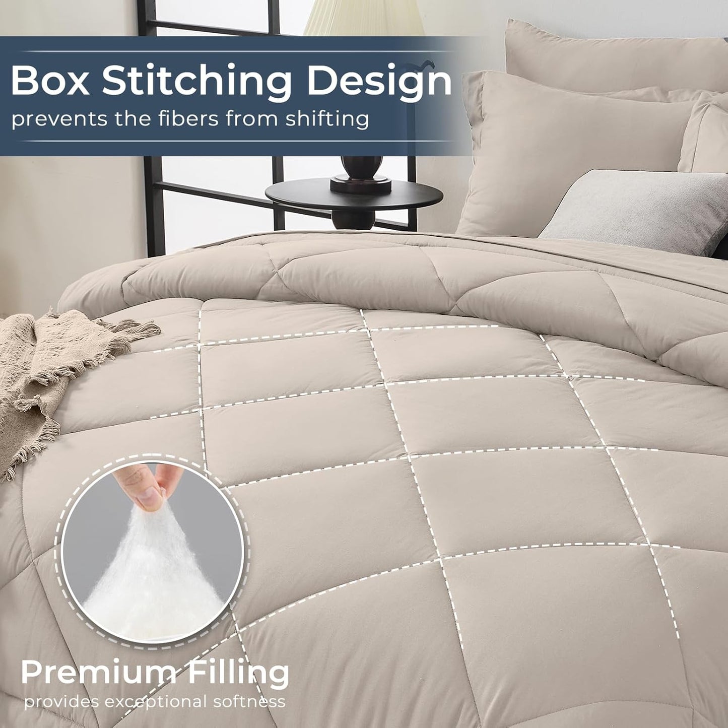 HEVUMYI Beige Tan King Comforter Set - 7-Piece All Season Bed in a Bag King, Ultra Soft Bedding Set with Comforter, Flat Sheet, Fitted Sheet, Pillowcases, Pillow Shams, Beige Tan