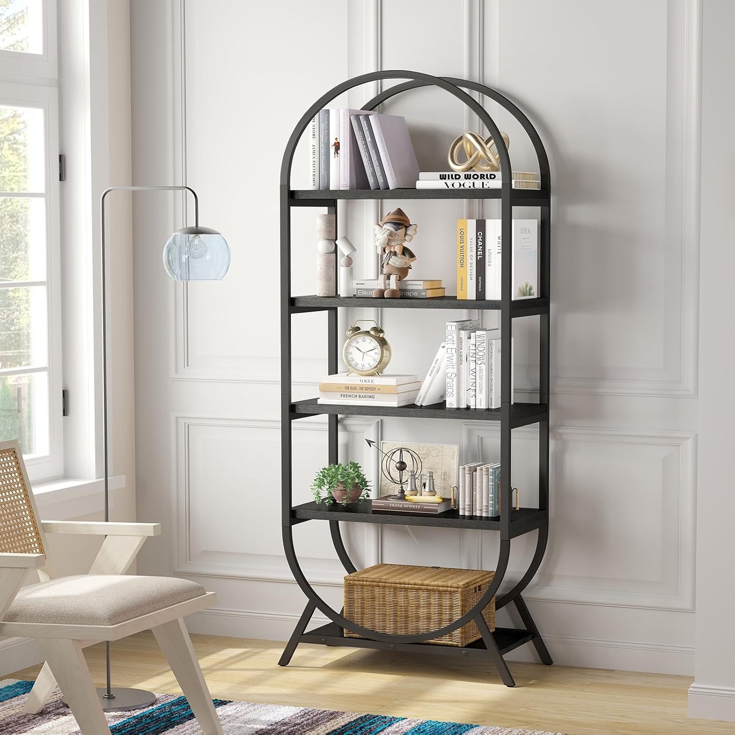 Bookshelf Arched Bookcase, Industrial 5 Tier Open Book Shelves with Metal Frame, 72" Tall Freestanding Display Rack for Home Office, Living Room, Black