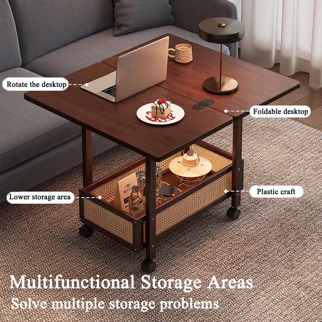 C-Shaped End Table, Sofa Side Table with Rotating Wheels, Rolling End Table with Storage, Small Couch Side Table for Bedroom, Swivel Tray Table for Living Room, Office (Square)