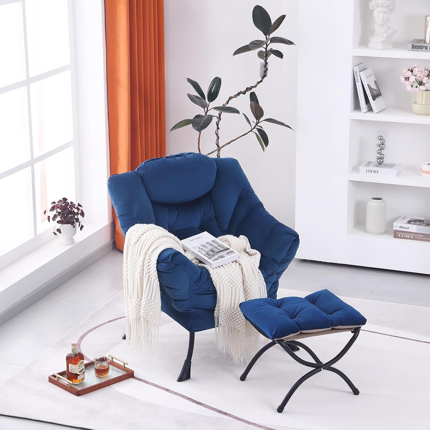 Lazy Chair with Ottoman, Modern Accent Chair Lounge Leisure Sofa Chair with Armrests, Reading Chair and Folding Footstool for Living Room, Bedroom, Office, Royal Blue