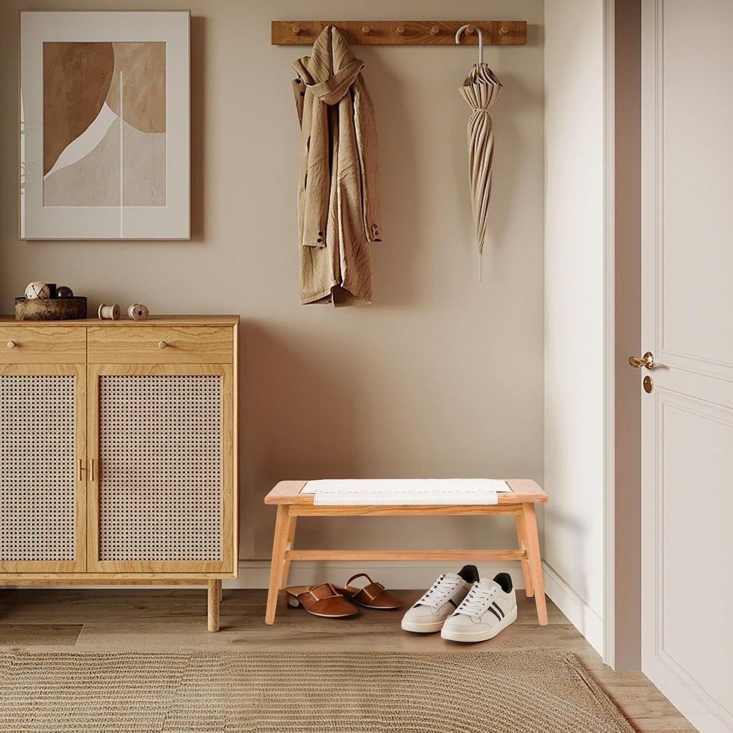 Solid Wood Entryway Bench, Wooden Dining Benches for 2, End of Bed Bench w/Hand-Woven Rope for Bedroom Kitchen Dining Room Living Room Entry Décor (White Rope, 31.49" L)