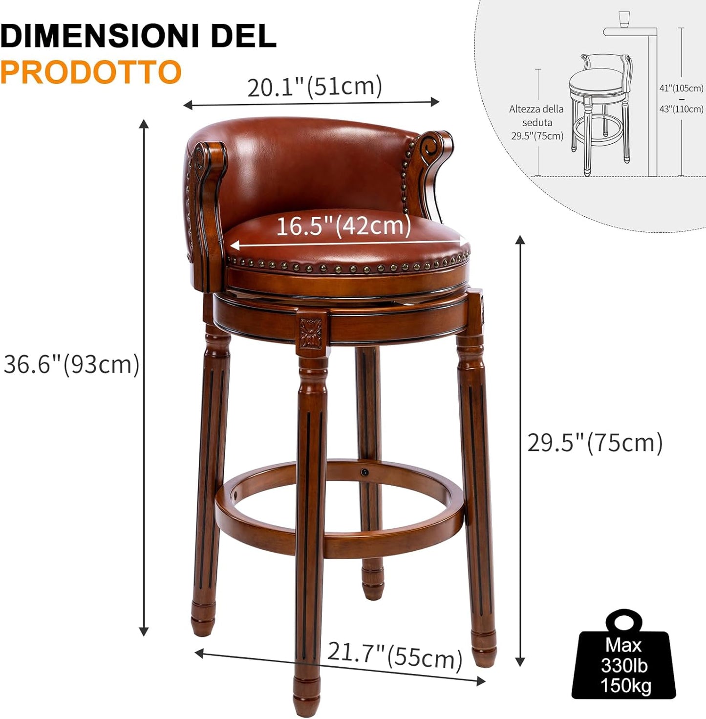 Cow top Leather Wooden Bar Stools, 29.5" Bar Height Bar Chair with Back, 180 Degrees Swivel Barstools Chair for Home Kitchen Counter,Dining Room, Restaurant,Study and Pub,1pc (Brown)