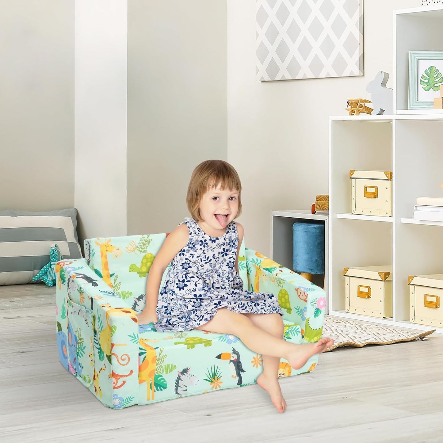 Foldable Kids Sofas Couch 2 in 1 Children Convertible Sofa to Lounger Flip Open Toddlers Sofa Bed