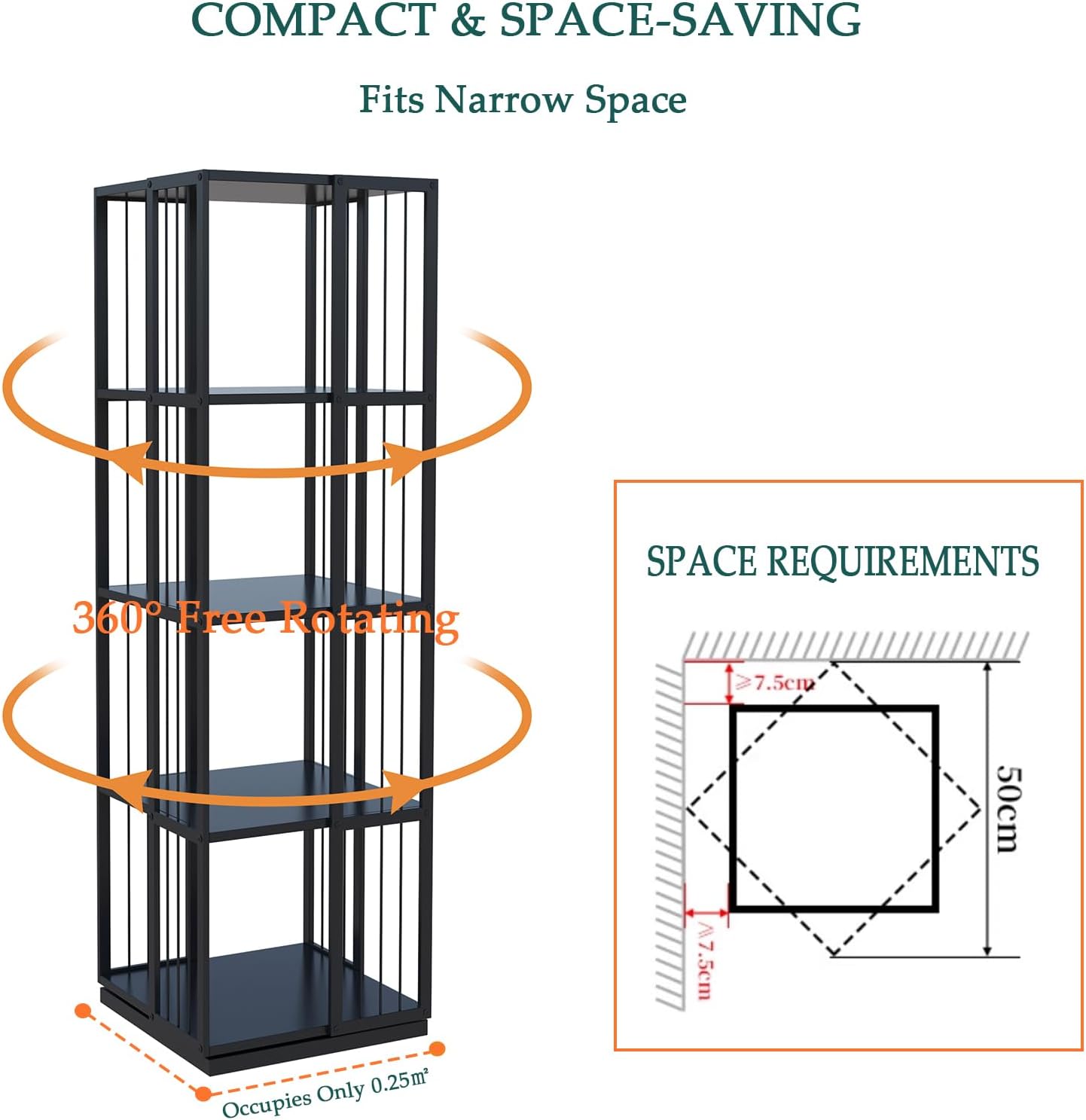 Square Rotating Bookshelf Tower - 360 Spinning Display Corner Bookcase for Narrow Space, Modern 4-Tier Revolving Storage Shelf, Black