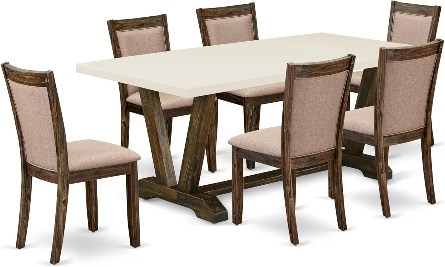East West Furniture V727MZ716-7 7 Piece Dinette Set Consist of a Rectangle Dining Room Table with V-Legs and 6 Dark Khaki Linen Fabric Upholstered Parson Chairs, 40x72 Inch, Multi-Color