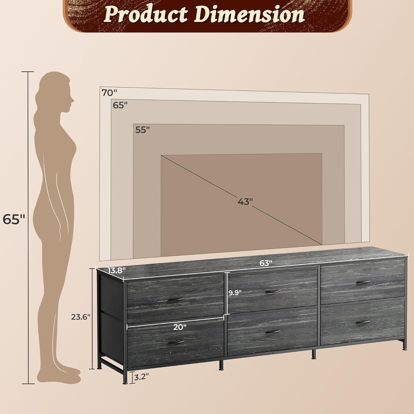 Huuger 63 Inch Long Dresser for Bedroom, TV Stand for 55, 65, 70 Inch TV, 6 Drawer Dresser for Closet with Fabric Drawers, Storage Organizer for Bedroom, Entryway, Charcoal Black Wood Grain Print