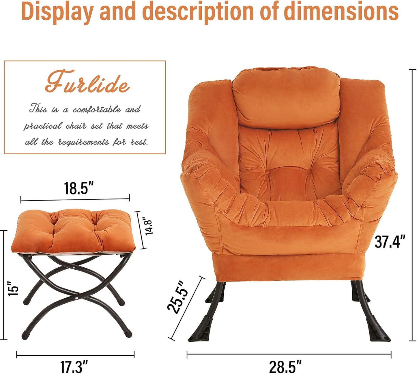 Lazy Chair with Ottoman, Modern Chair with Folding Footrest, Lounge Accent Chair, Comfortable Reading Chair, Oversized Armchairs for Bedroom, Study, Living Room, Courtyard (Velvet Orange)