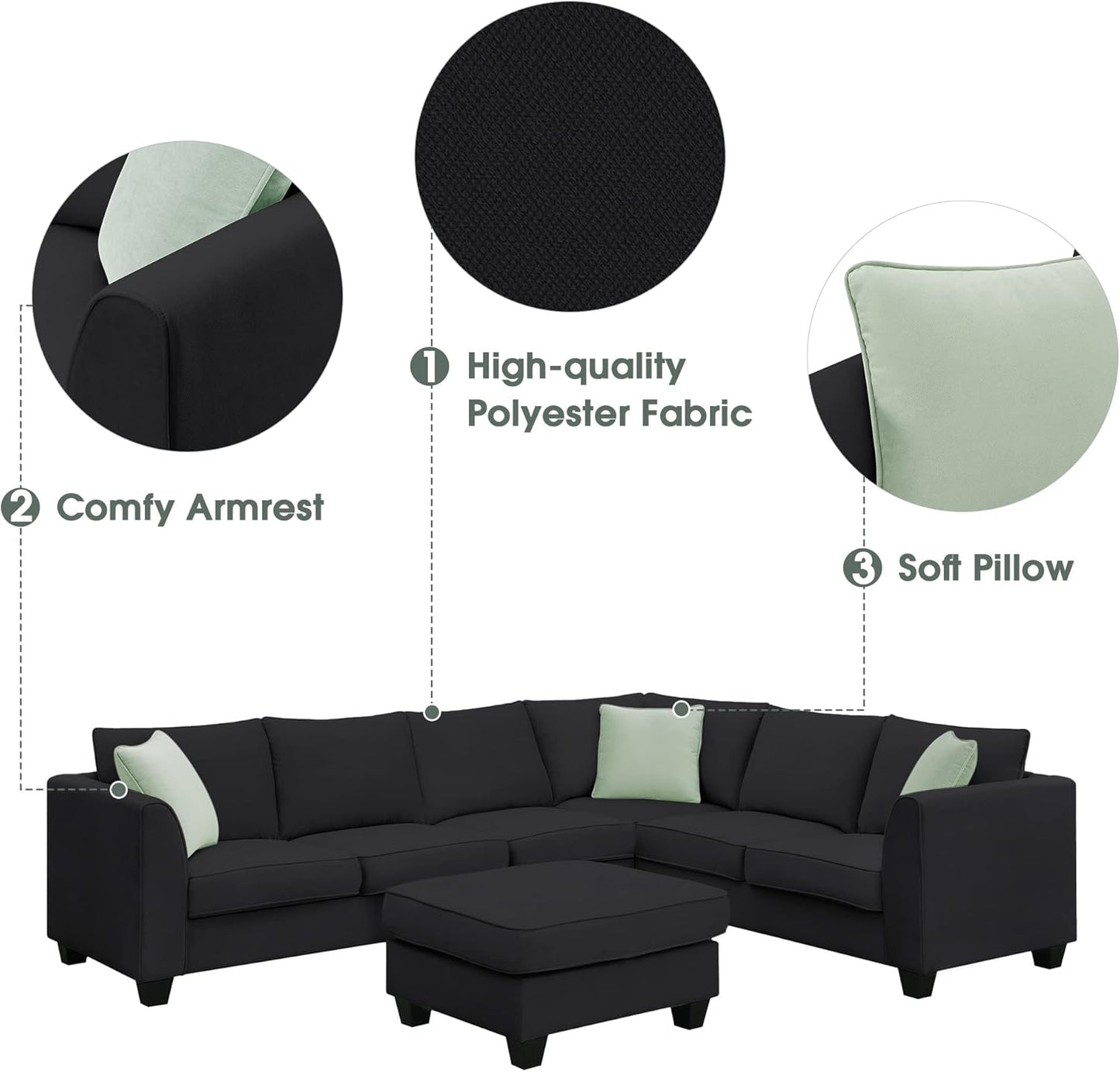 112" Upholstered Sectional Sofa Sets with Removable Ottoman, 7- Seater Modular Corner Couch with 3 Pillows for Livingroom, Office,Black