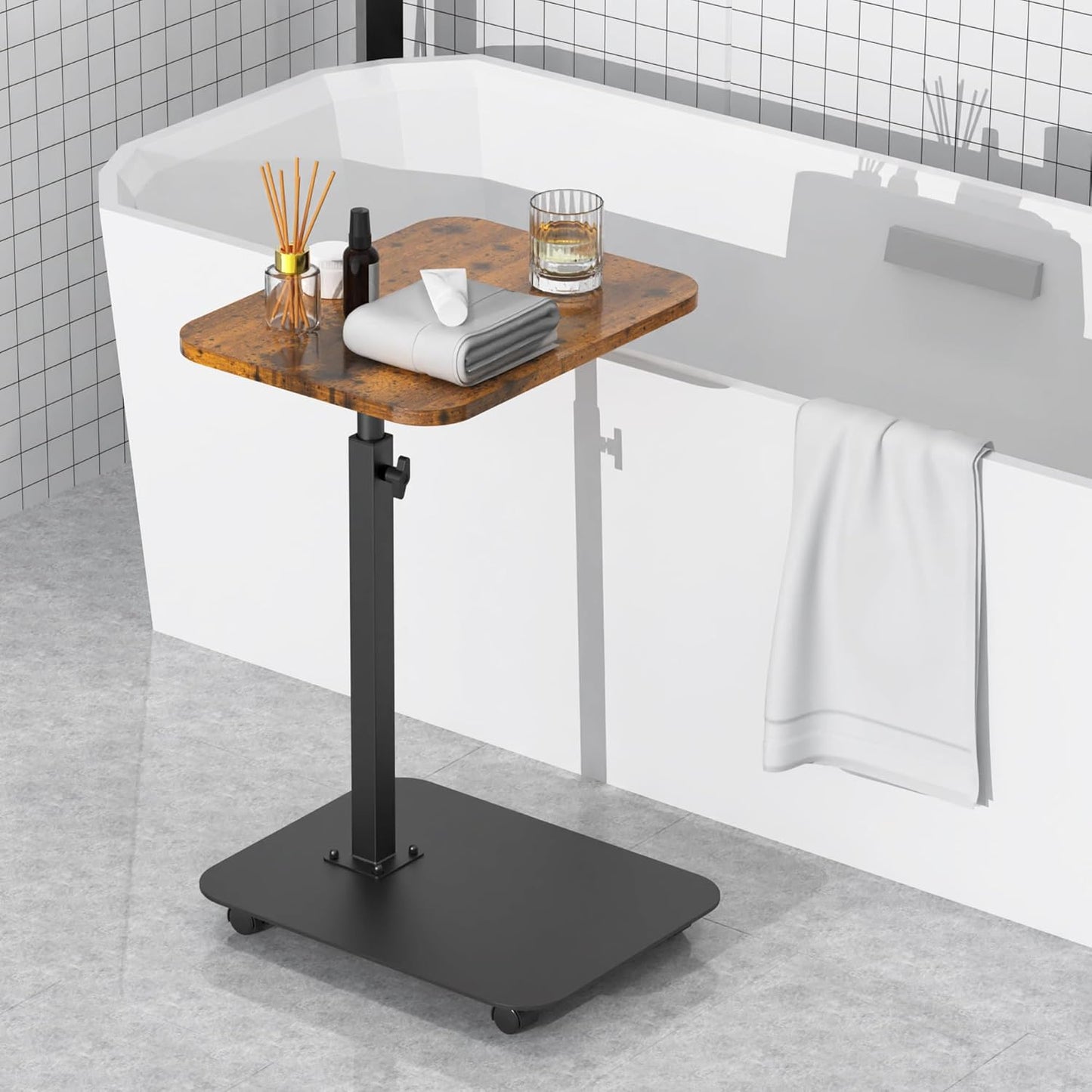 TV Tray Table Heavy Metal Base with Wheel Swivel/Adjustable Height Couch Table, Sofa Arm End Side Table for Living Room and Bedroom, Bed or Small Spaces