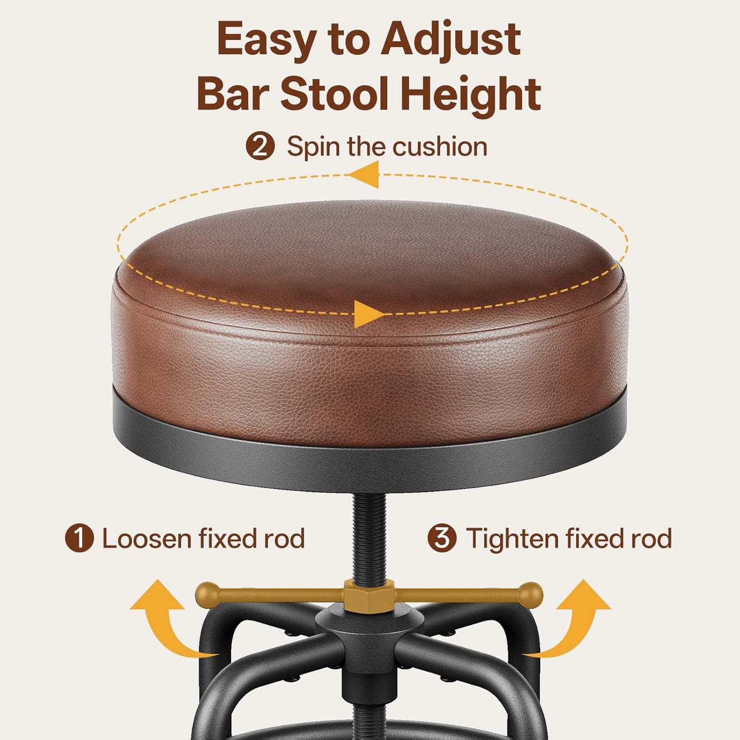 Adjustable Height Swivel Bar Stools Set of 3, 22-29 Inch Industrial Vintage Bar Counter Height Stools with Thicken Premium Bonded Leather Seats & Updated Footrests, Easy Assembly, Brown