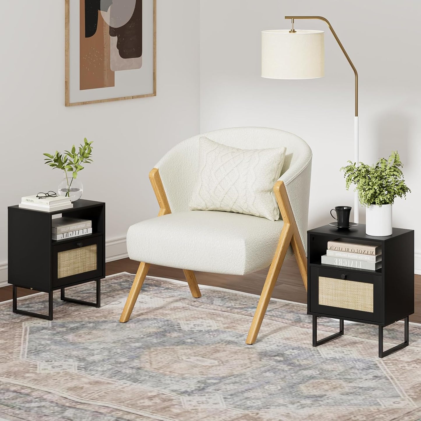 Masupu Rattan Nightstand,Boho Night Stand Modern Farmhouse Wood Bedside Table with Storage Drawer and Open Shelf,Side End Table for Bedroom,Living Room,Office Black