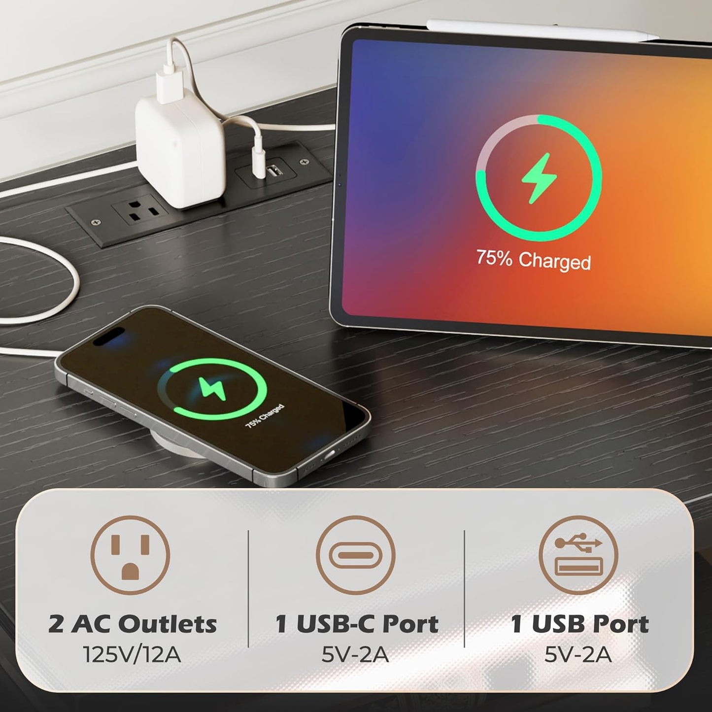 SUPERJARE Night Stand with Charger Station, 27.7 Inch Tall Nightstand with Adjustable Fabric Drawer, Bed Side Table, Fabric Drawer Dresser for Bedroom, Living Room, Black