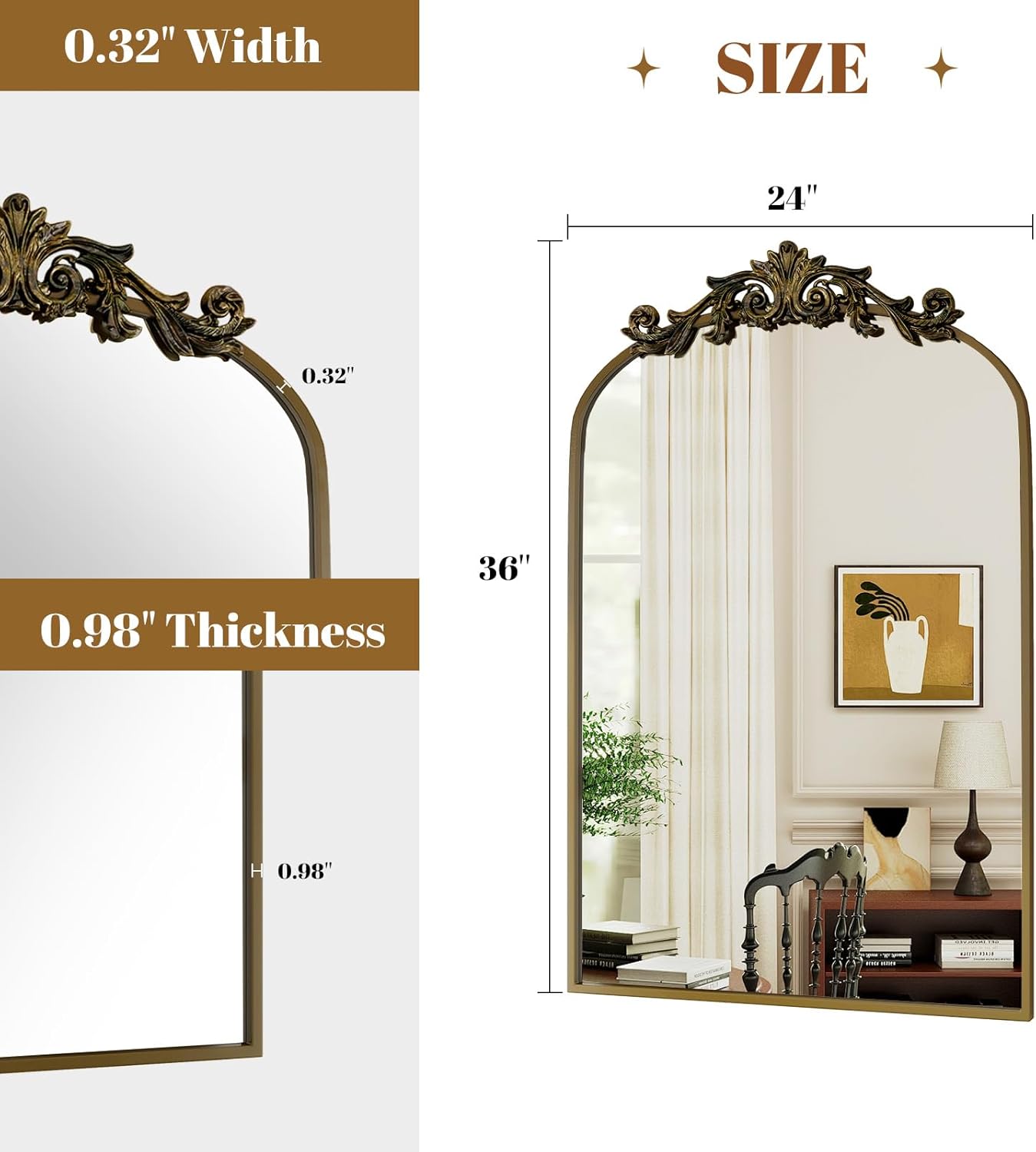 Vintage Arched Bathroom Mirror, 24x36 Inch Retro Wall Mounted Vanity Mirror with Carved Pattern Top and Metal Frame, Antique Decorative Mirror for Hanging or Leaning