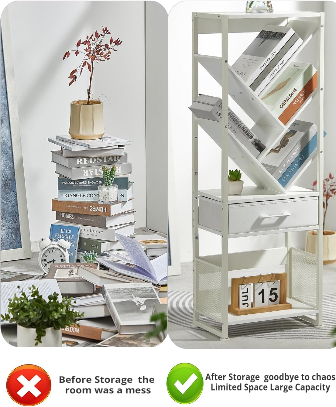 Bookshelf with Drawer,8 Tier Tree Bookcase Retro Floor Standing Bookshelves,Tall Wood Bookcases with Cabinet Storage Organizer for Living Room, Bedroom & Home Office, White