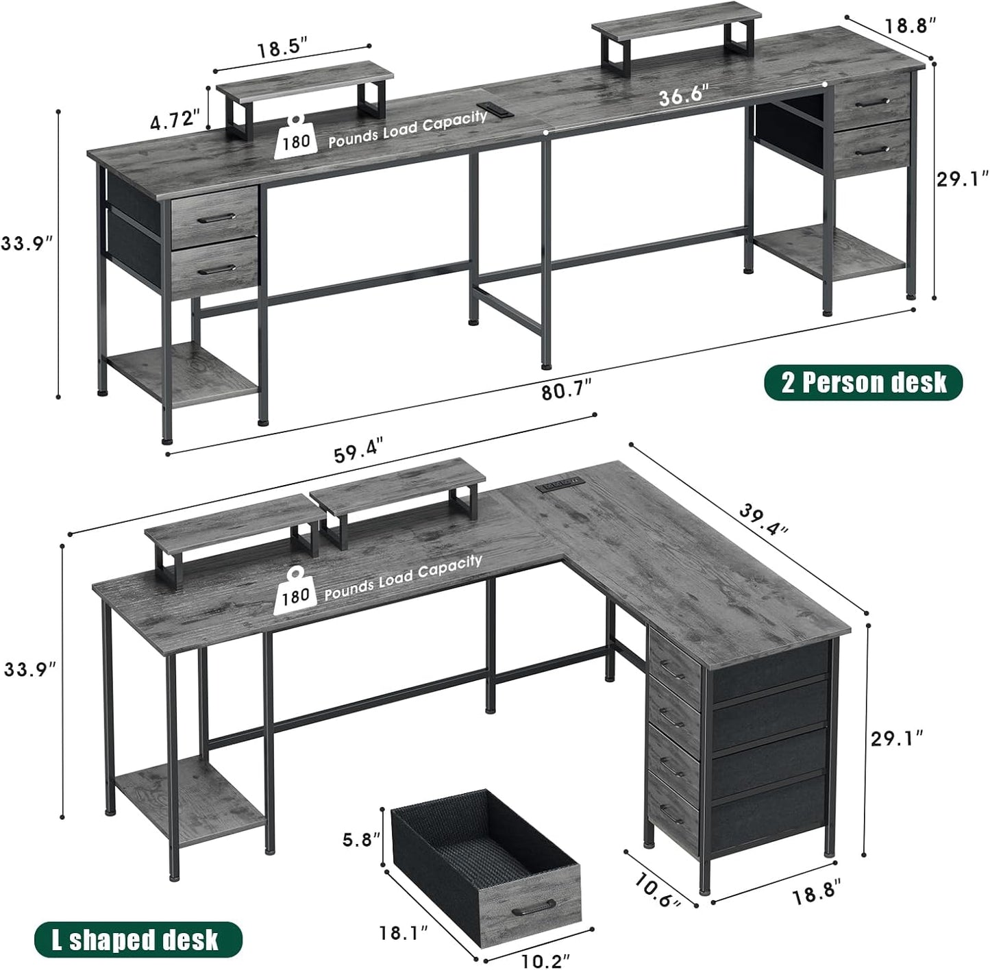 59 inch L Shaped Computer Desk with Power Outlets, Home Office Desk with 4 Adjustable Storage Drawers & 2 Monitor Stands, Two Person Gaming Table for Bedroom, Grey