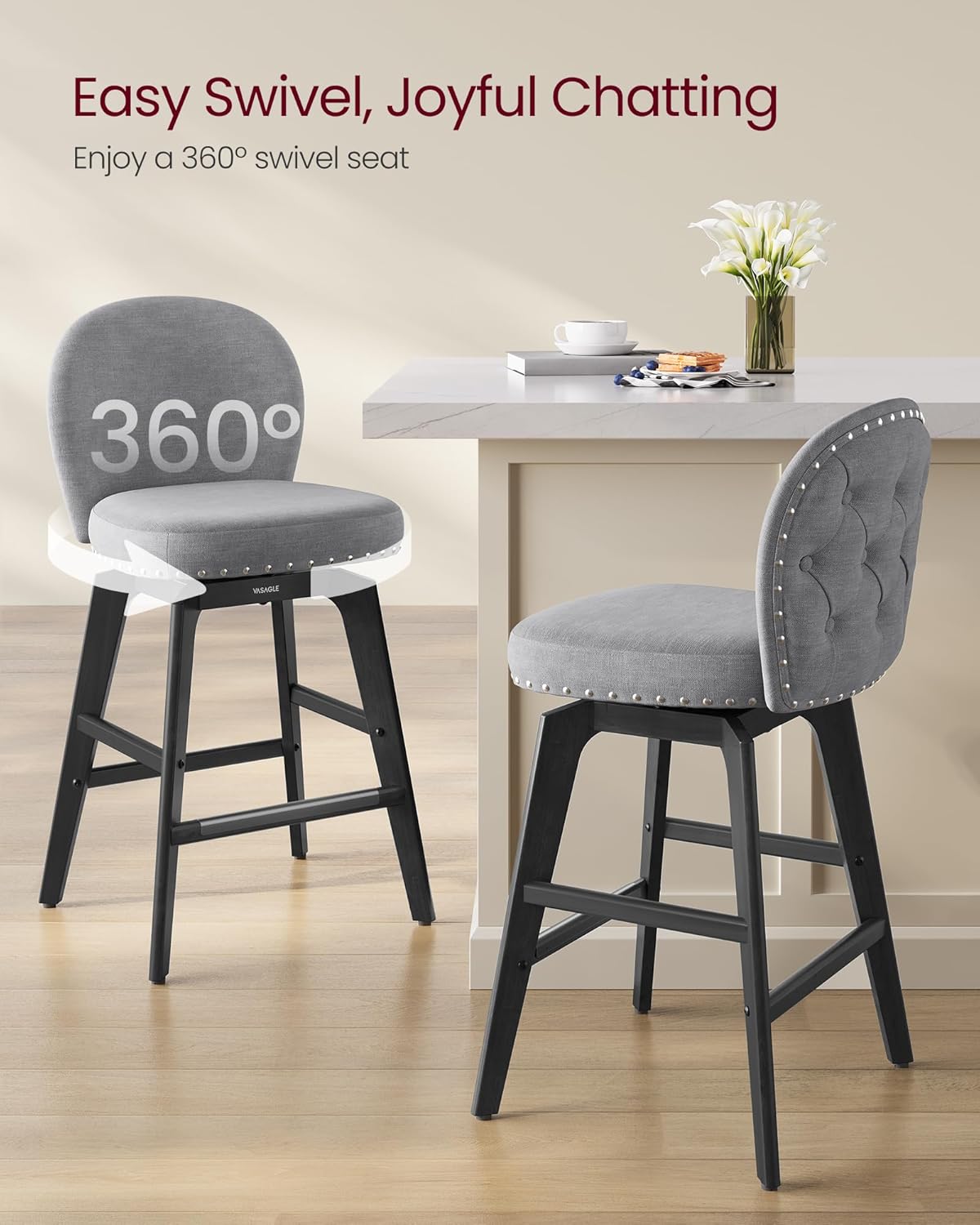 VASAGLE Bar Stools Set of 2, Swivel Counter Height Bar Stools with Back and Wood Legs, Chenille Fabric Upholstered Barstools, 26.2-Inch Tall Counter Barstools for Kitchen Island, Slate Gray