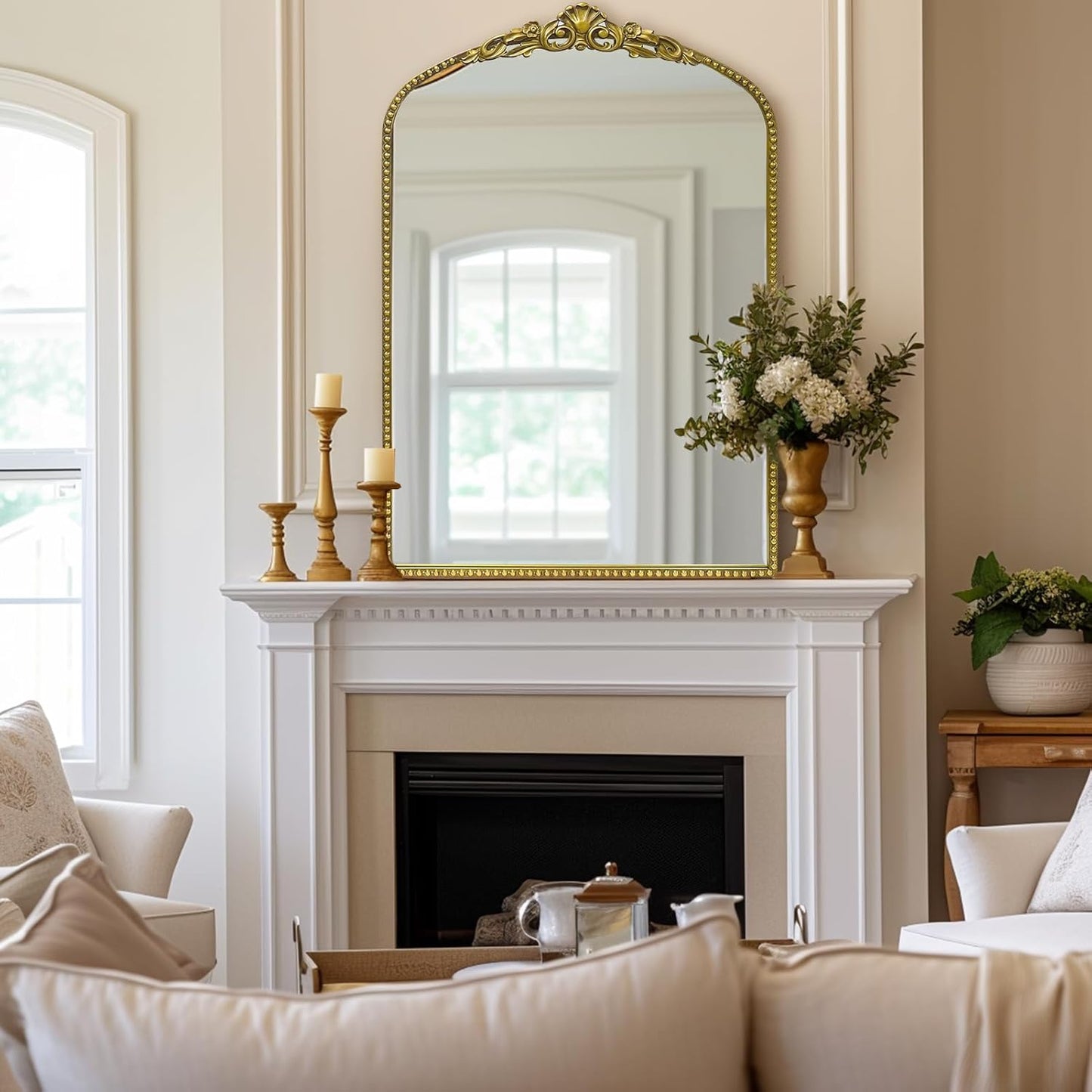 G-LEAF Vintage Baroque Mirror 24"X36", Arched Mantel Victorian Antique Farmhouse Mirror with Black Brush Gold Ornate Metal Frame for Fireplace Entryway Living Room Hallway Bathroom