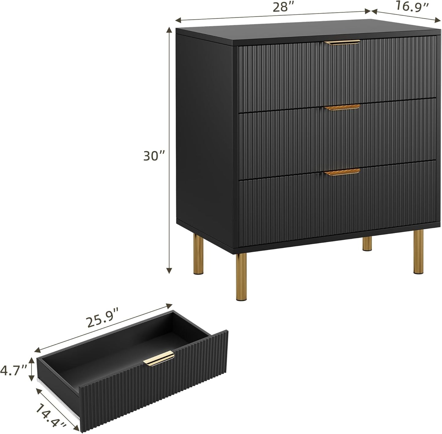 Black Dresser, Modern 3 Drawer Dresser for Bedroom with Gold Handle and Large Drawer, Wood Double Chest of Drawers and Storage Organizer for Living Room, Hallway, Entryway