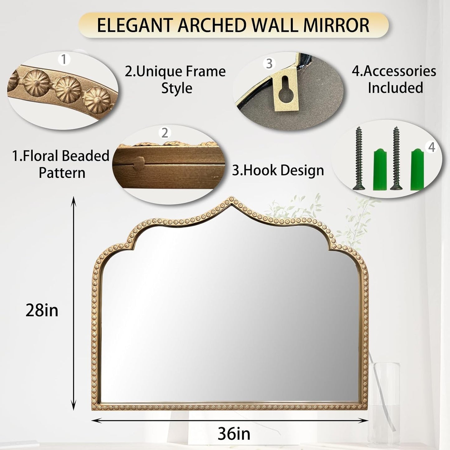 Gold Arched Mirror, 36"x28" Arch Vanity Mirrors for Bathroom, Metal Beaded Frame Ornate Decorative Mirror, Scalloped Vintage Mirrors for Fireplace Bedroom Living Room Entryway Hallway