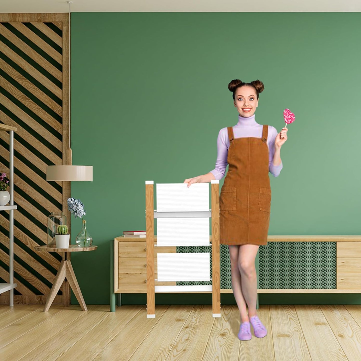 3 Step Ladder, Portable Step Ladder Folding, Lightweight Step Ladder with Anti-Slip Pedal, Aluminum Indoor and Closet, Kitchen, 330lbs - White & Wood Grain