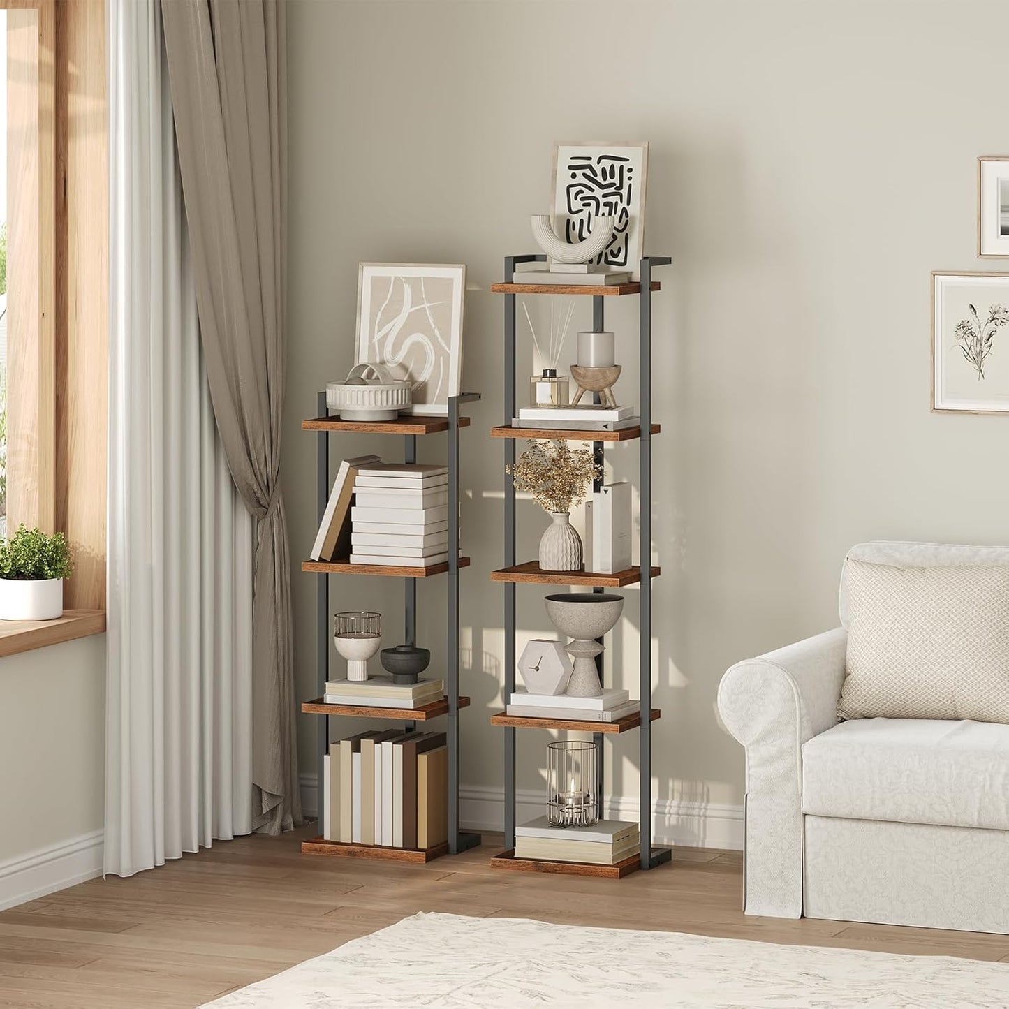 Bookshelf, 5-Tier Bookcase, Vertical Tall Narrow Book Shelf for Small Space, Open Storage Display Shelf with Stable Base & Anti-Tip Kits, for Living Room, Study, Rustic Brown BKHR11501