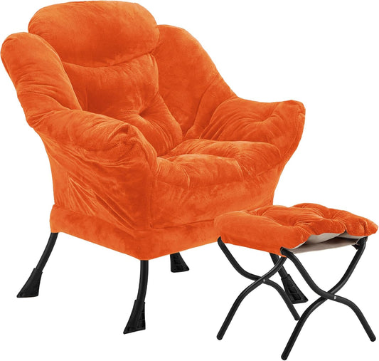 Fabric Lazy Chair with Ottoman, Oversized Upholstered Sofa Chair for Adults, Plush Comfy Lounge Chair with Large Side Storage Pocket, Reading Chair for Living Room, Bedroom, Office, Orange