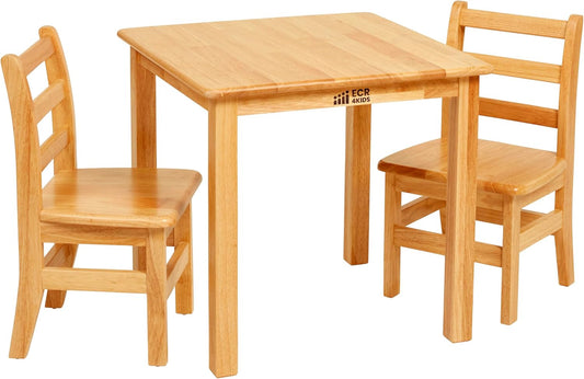 ECR4Kids 24in x 24in Hardwood Table and Chair Set, 12in Seat Height, Kids Furniture, Honey