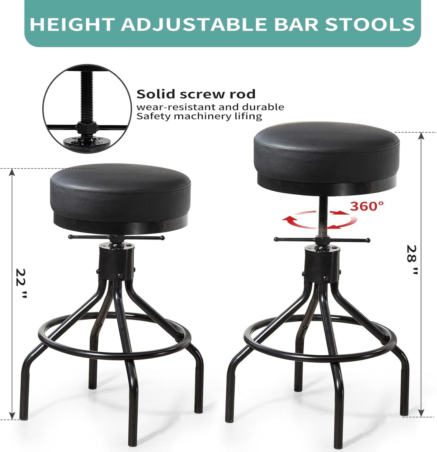 Counter Height Bar Stools Set of 2 Adjustable Swivel Barstools Modern PU Leather 28inch Round Backless Metal Industrial Stool Bar Chair for Kitchen Island (2, Black)
